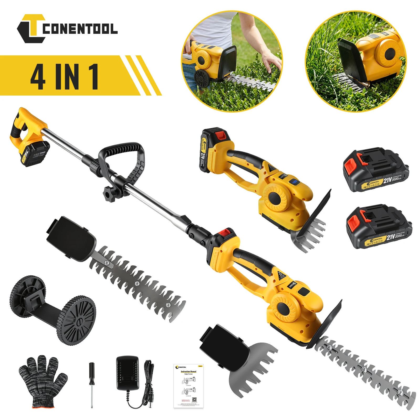 CONENTOOL Tondeuse à haies électrique 4 en 1, 9 pouces, pour aménagement paysager, désherbage des arbustes, avec tige d'extension pour batterie Makita 18V