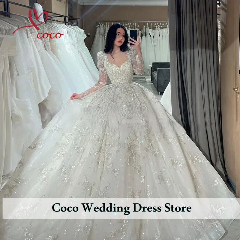 Customized Luxury Shining Wedding Dresses Lace Beading Ball Gown Square V-Neck Full sleeve Bride Dress Vestido De Novia