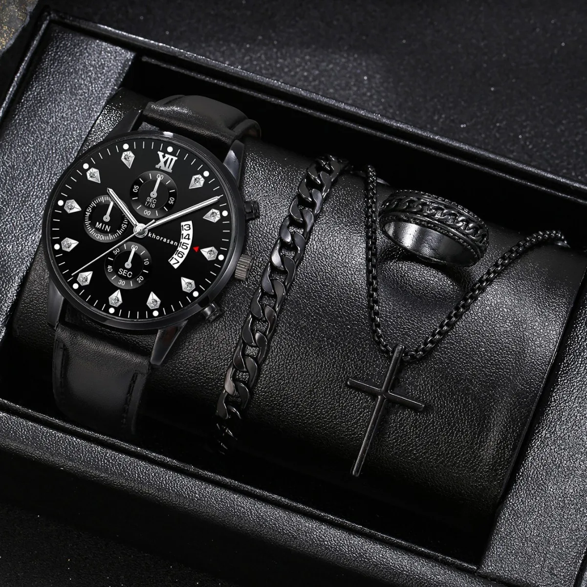 

4PCS Men's Watch Set Business Trend Classic Round Dial Quartz Watch Bracelet Necklace Set Perfect Gift for Friends or Dad