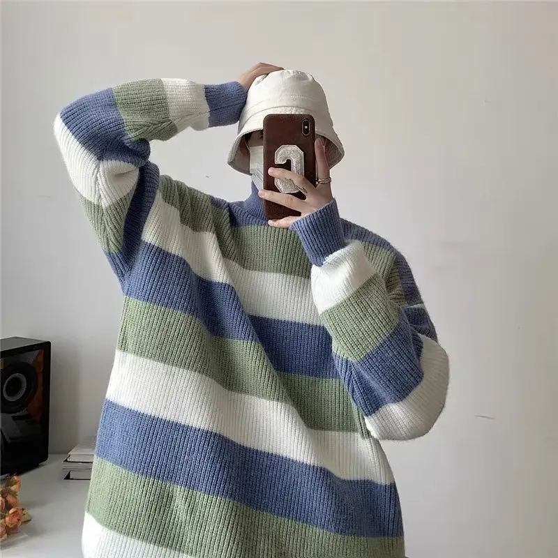 Striped Sweaters Men Slouchy Simple Classic Autumn Winter Turtleneck Panelled Pullovers Japanese Style Male  All-match