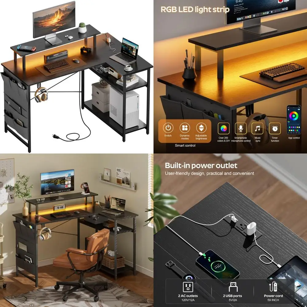 

44 Inch L-Shaped Gaming Desk with LED Lights and Power Outlet for Home Office Storage