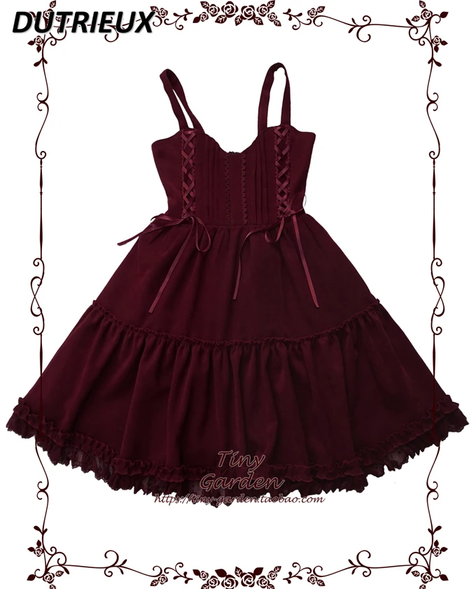 Burgundy Autumn and Winter Sweet Girls Bow Lace Suspender Dress JSK Lolita Style Elegant High Waist Slimming Tank Top Dresses