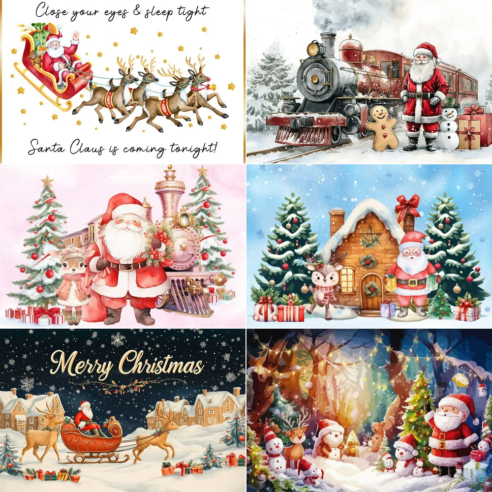 

Зимний рождественский фон для фотосъемки Санта-Клаус Лось сани снежинка Рождественская елка поезд лес украсить праздник семейный фон