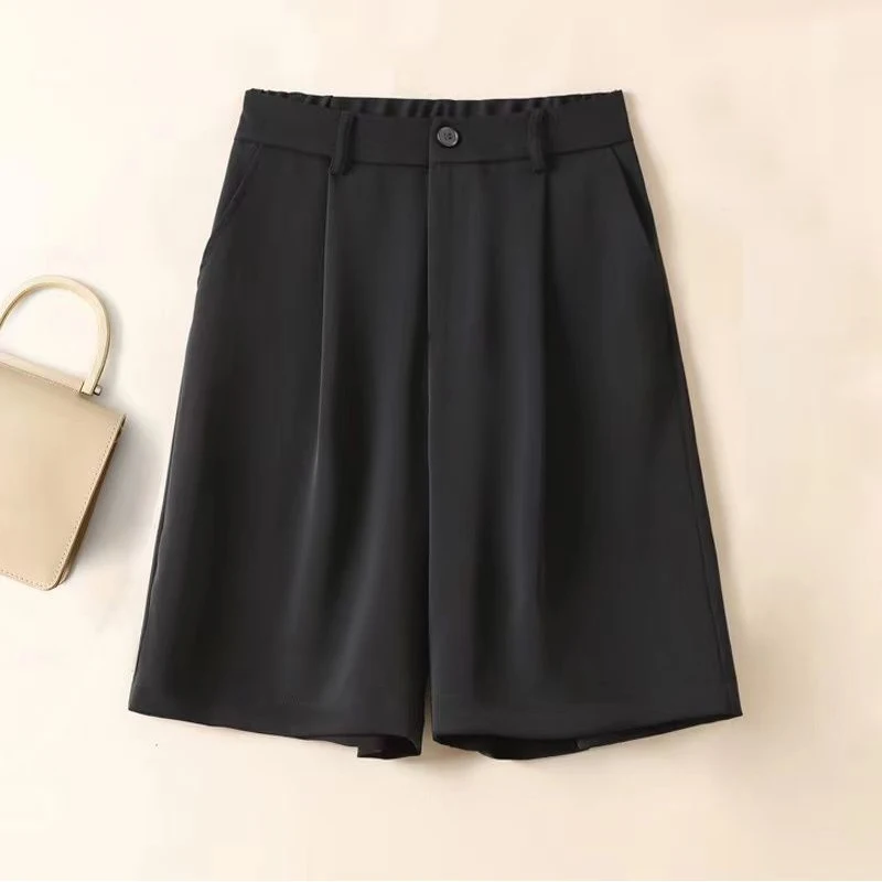 Black Casual High Waist Wide Leg Shorts Women Summer Solid Pockets Loose Y2K Button Shorts Korean Fashion All Match Suit Shorts