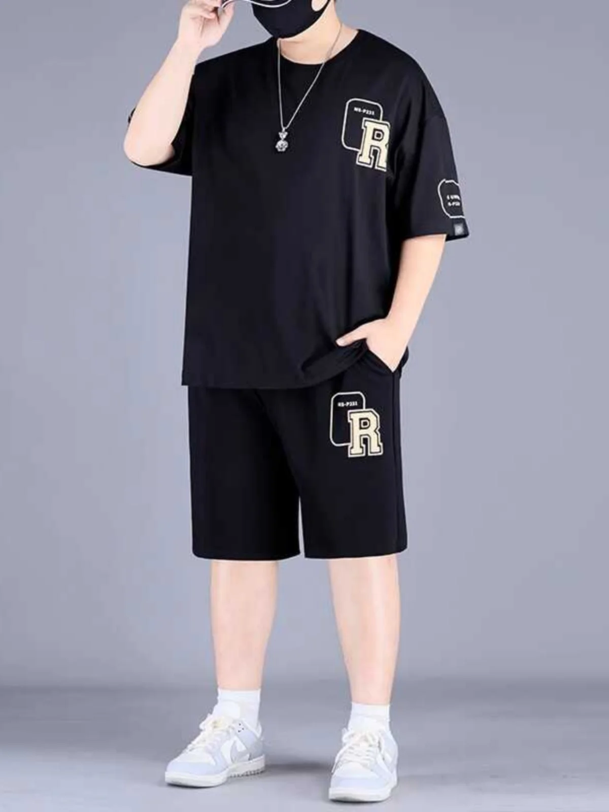 Conjunto de roupa desportiva de manga curta, corte folgado, para homem, ideal para o verão, em tecido leve, tamanho grande, para uso casual e de lazer