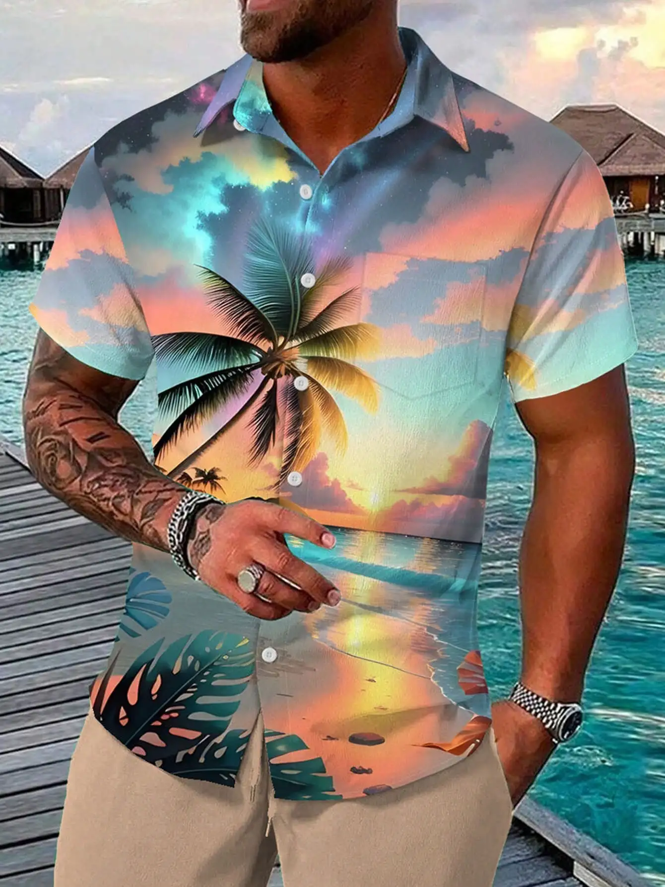 

Men's Short Sleeve Button Down Shirt with Tropical Sunset & Palm Print