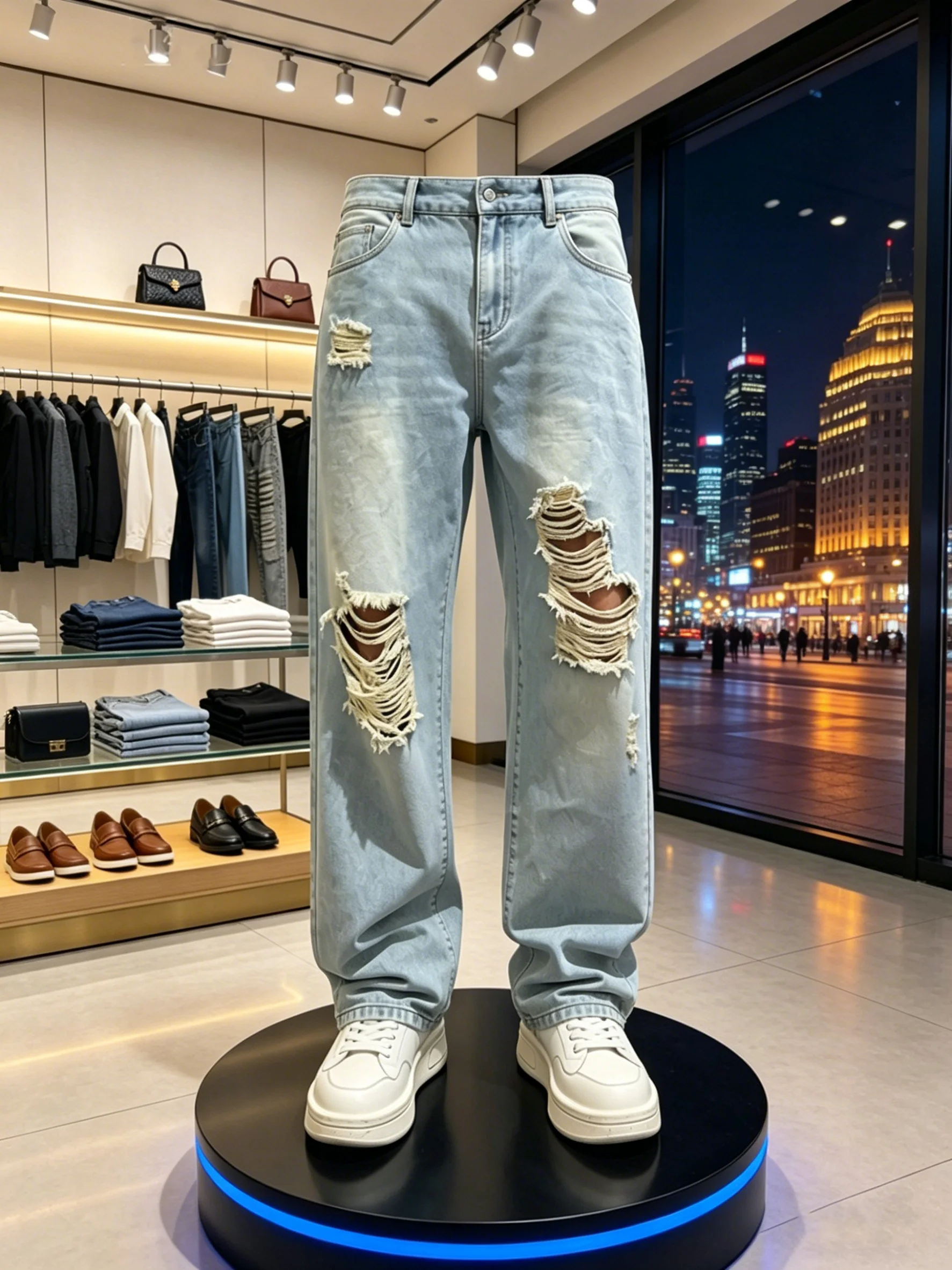 

Light Wash Men's Summer Thin Knee Hole Jeans American Retro Knife Straight Leg Pants Casual Straight Fit Blue Jeans
