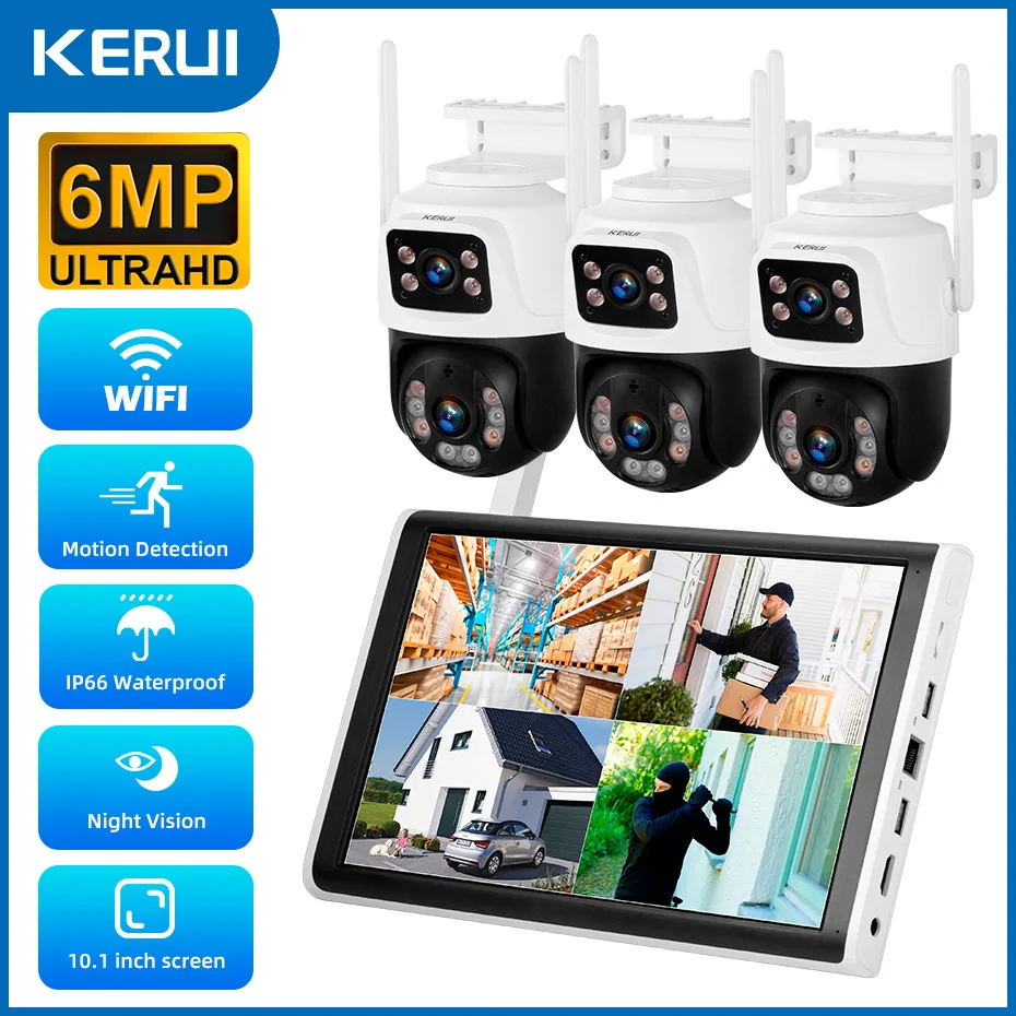 KERUI 8CH Draadloze 10.1 inch LCD Monitor NVR Kit 6MP WIFI IP Dual Lens Home Security Camera Systeem Surveillance Video recorder
