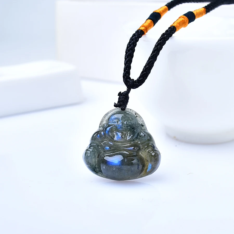 1PC Natural labradorite Maitreya Buddha Statue Pendant Random Crystal Healing Stone Carving Gemstone Crafts Home Decor DIY Gift view 4
