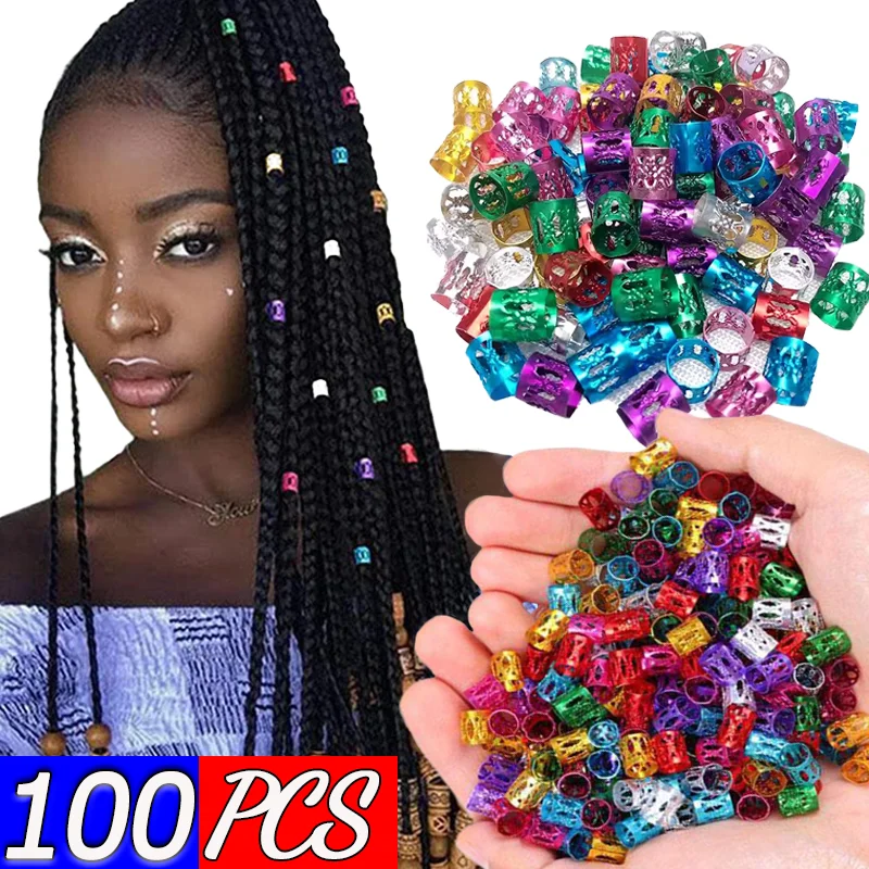 100pcs Gold Silver Dreadlock Hair Rings Adjustable Cuff Clip Hair Braids for Dirty Braids Beads Hairpin Jewelry Hair Accessories