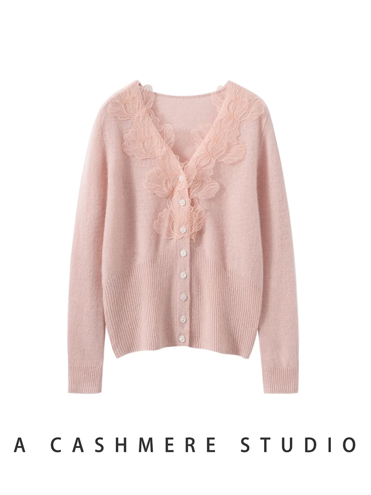 Spring Autumn Women's Cashmere Cardigan Sweater V-neck Lace Leaf Shape 100% Cashmere Knitwear Thin Office Lady High Quality Tops