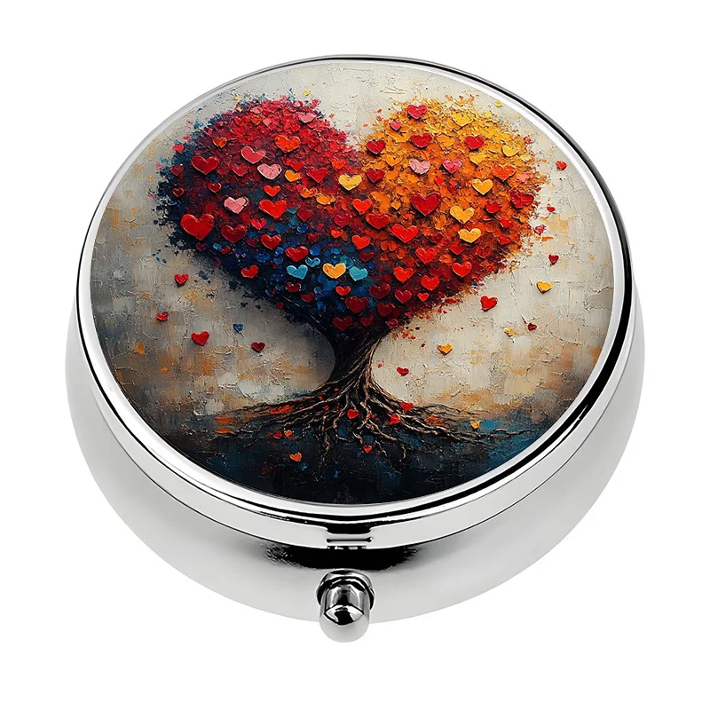 Single-layer wallet-style pill box, 3 compartments, heart tree design, compact metal pill box, perfect for a handbag or purse, and makes a unique and excellent gift
