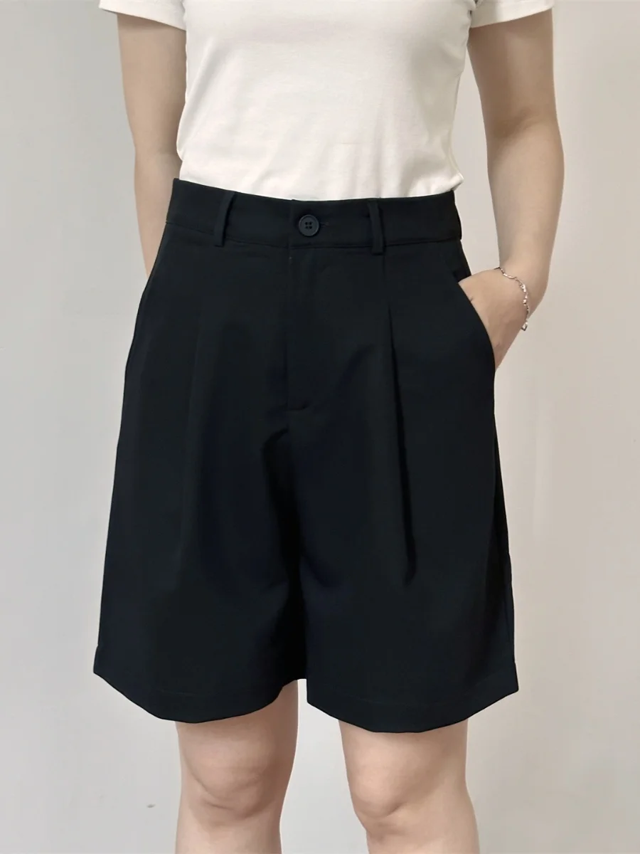 Pantaloncini Classici a Vita Alta e Gamba Larga, Neri, Casual, per il Lavoro, a Linea A, Estivi, Nuovi, Effetto Snellente a Pera