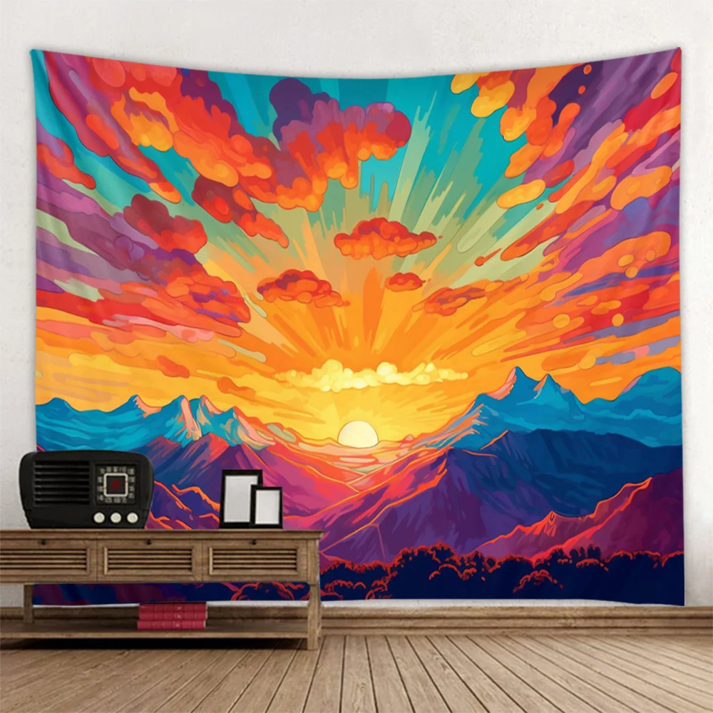 Sunrise Colorful Landscape Tapestry Starry Sky Aurora Dreamy Forest Bedroom Decor Aesthetic Polyester Fiber Wall Hanging
