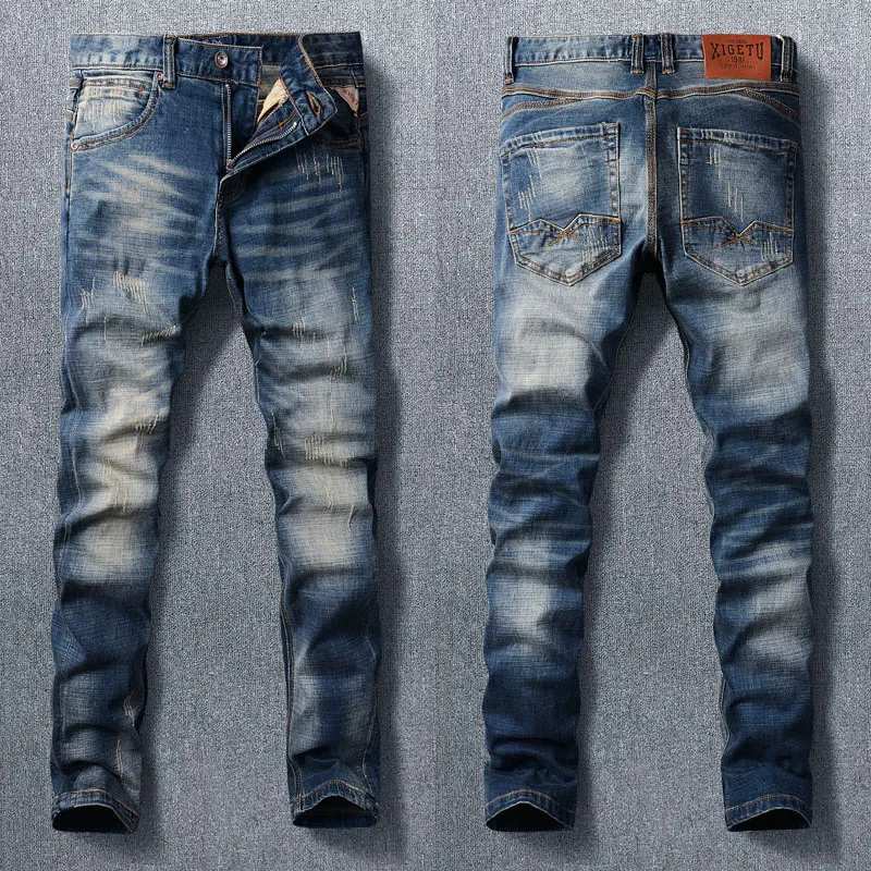 Moda designer calças de brim dos homens de alta qualidade retro azul elástico fino ajuste rasgado calças de brim dos homens do vintage casual calças de brim hombre