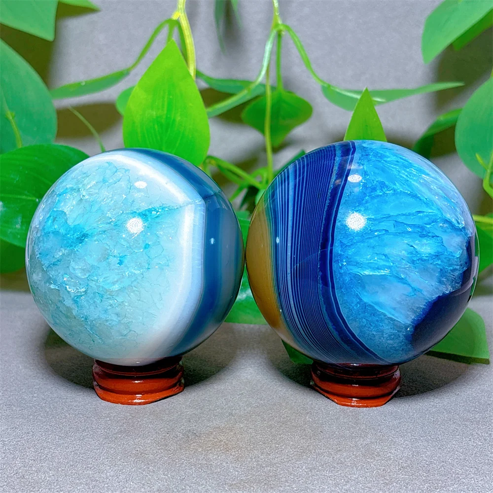 

Blue Silk Agate Sphere Crystal Natural Quartz Stone Home Decoration Minerals Reiki Craft Gifts Energy Healing Meditation +Stand