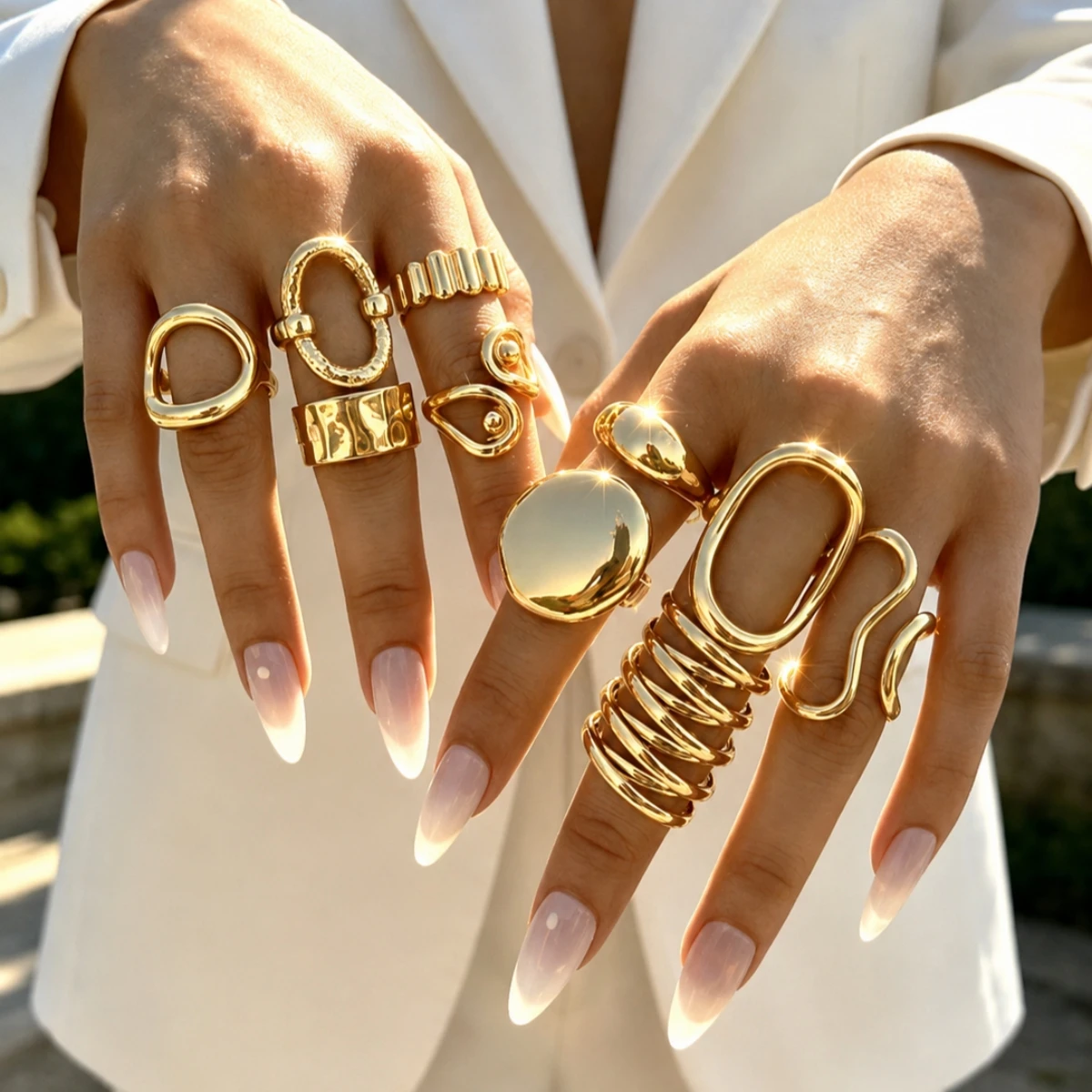 Neues 10-teiliges Set Unregelmäßiger Glatter Ringe für Frauen, Geometrische Übertriebene Goldfarbene Fingerringe, Vintage Mode Party Schmuck – Detail 1