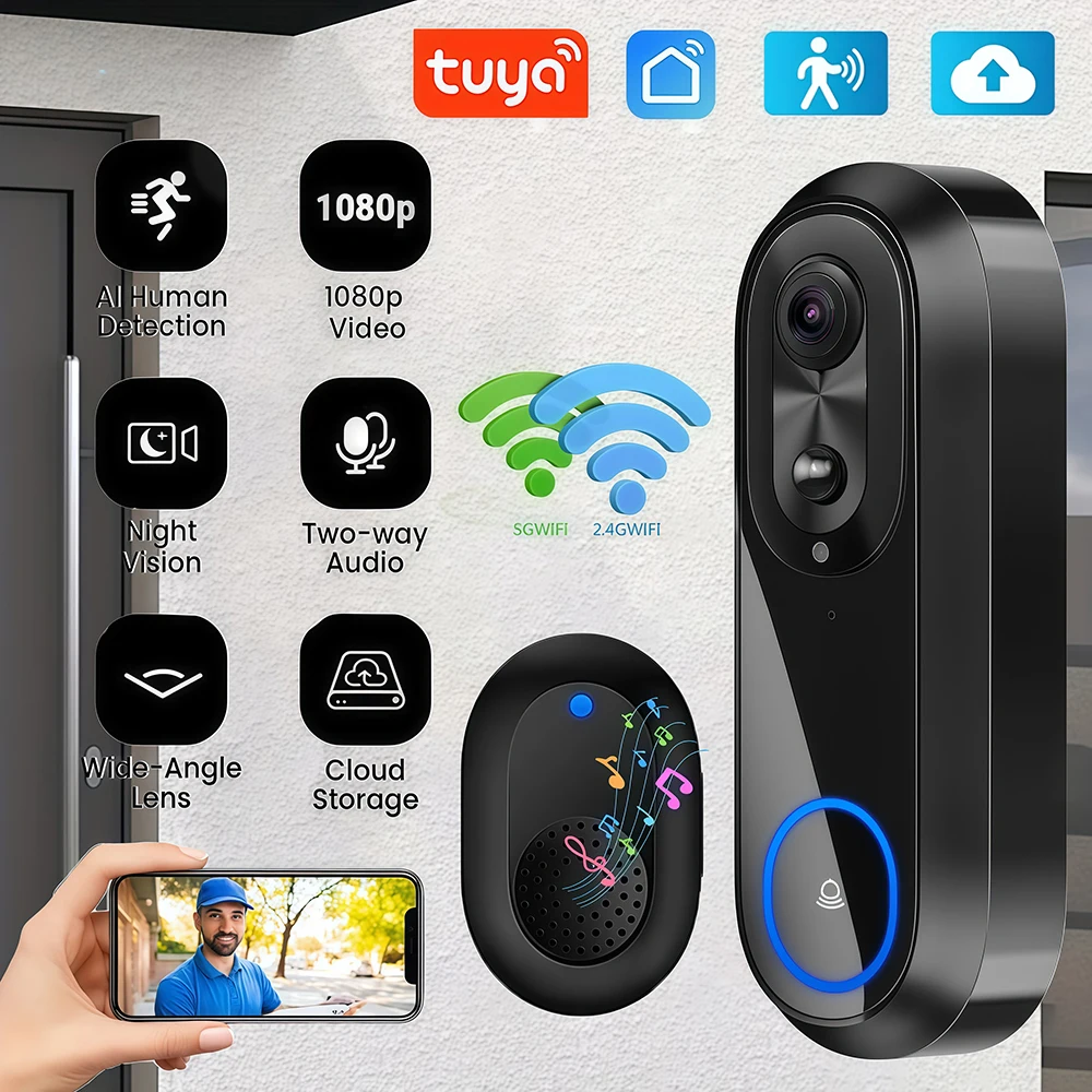 5G 2.4G WiFi Tuya Smart Video Doorbell IP65 Waterproof 1080P Home Wireless Intercom Camera Door Bell for Security Protection