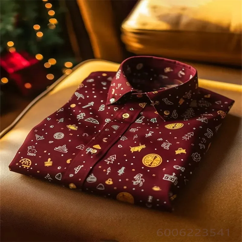 Men Christmas Long Sleeve Shirt Burgundy Cute Christmas Element Print Button Down Shirt Xmas Holiday Party Male Dress Tops