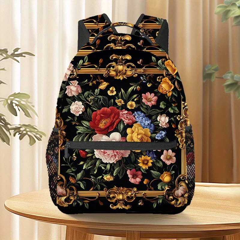 Elegant Floral Print Backpack Lightweight Comfortable Hike Travel Bag with Adjustable Straps Zipper Closure for Beach Yoga