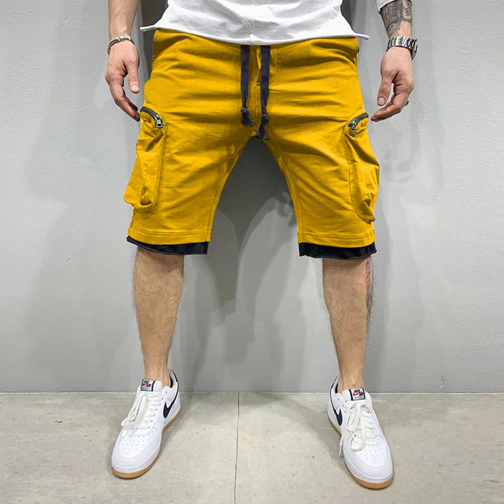 Mens Summer Cargo Shorts Heavy Cotton Workout Fitness Shorts Breathable Jogger Training Gym Bodybuilding Multi Zipper Pockets