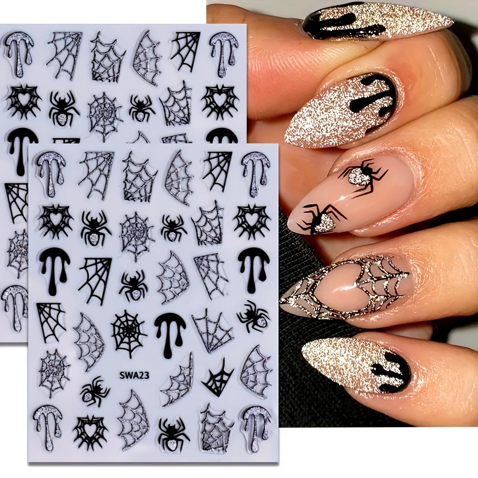 2 Halloween Spider Shining Pink Nail Stickers - Halloween Shining Spider, Spider Web, Love, Blood Art Design, Suitable for Women's Daily and Holiday Disposable Self Adhesive Finger Nail Decoration Stickers - Detail 1