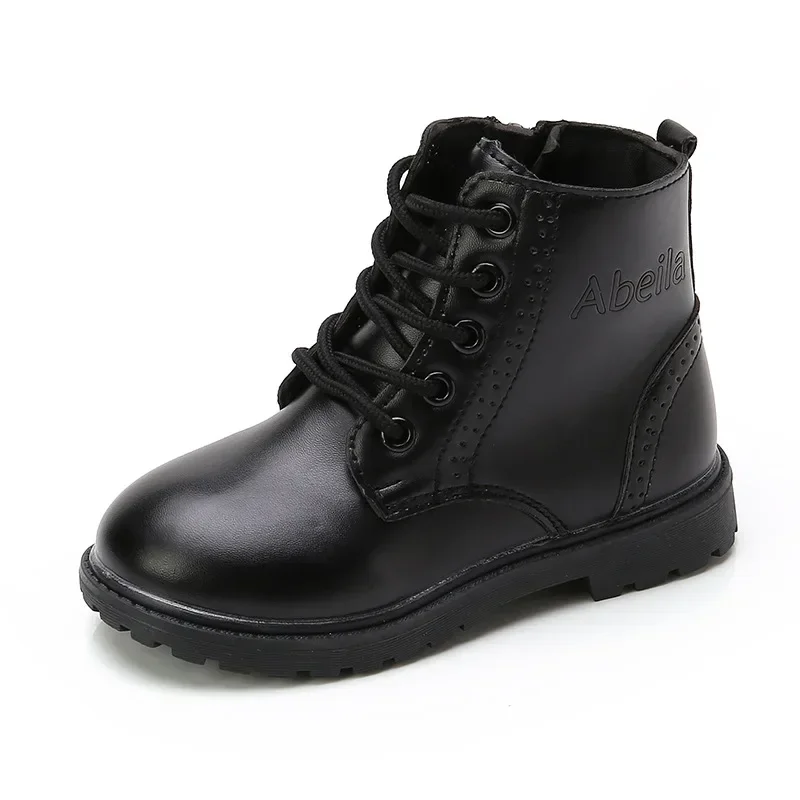 Botas para niños, botas de marea para niñas, botines clásicos de cuero negro para niños, talla 21-37, botas de marea cruzadas para niños, otoño