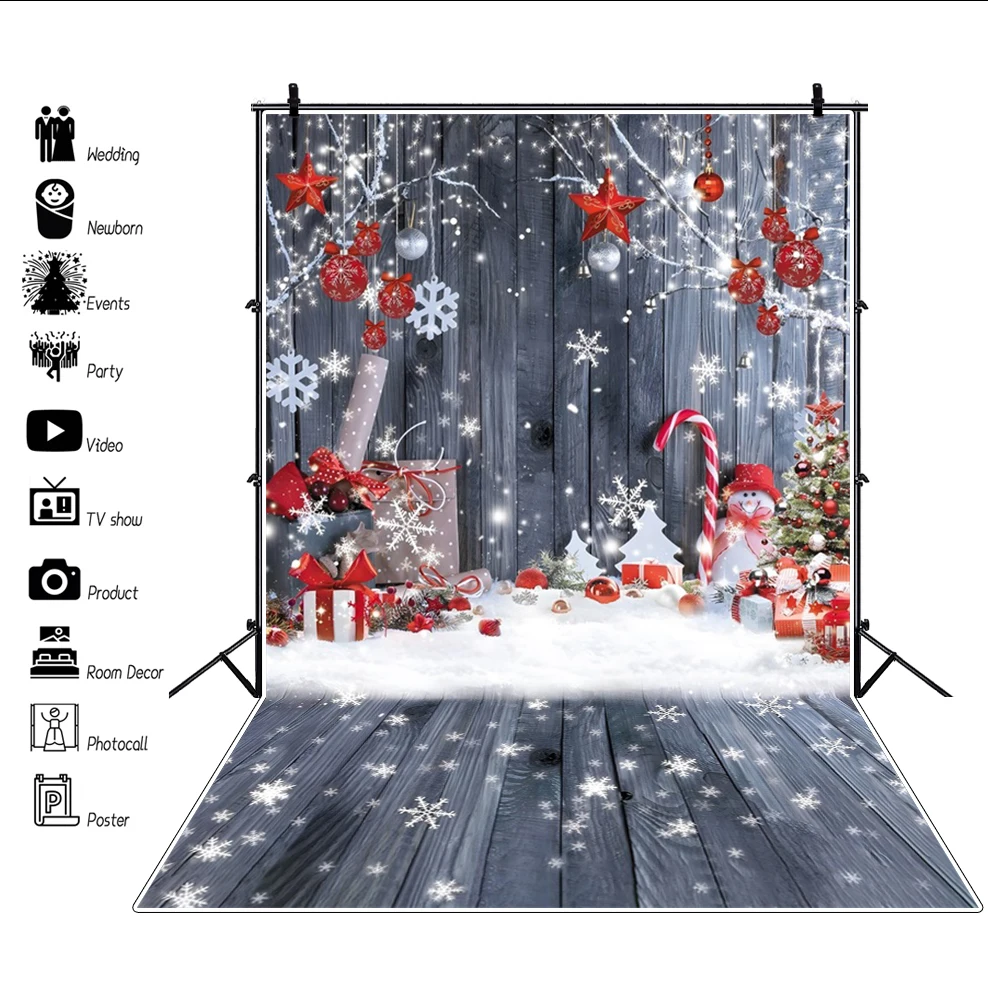 Christmas Backdrop for Photography Xmas Tree Toys Window Winter Snow Wood Floor Baby Portrait Family Party Photo Background