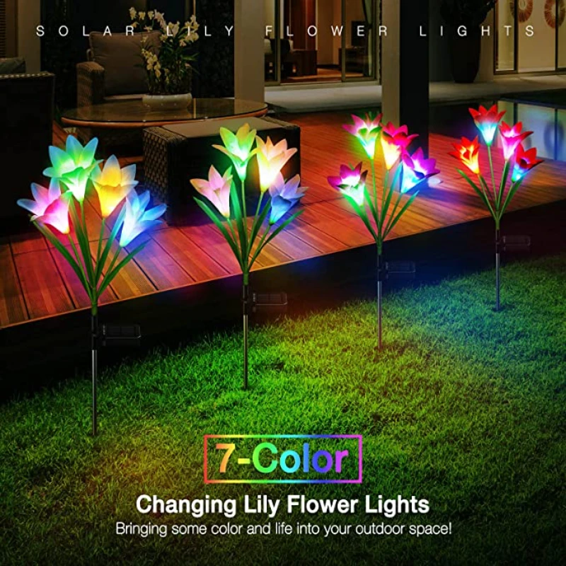 LED Garden Lights with 4 Head Lily 7 Color Variations Solar Lights Romantic Flower Atmosphere Lights for Lawn/Yard/Wedding Decor
