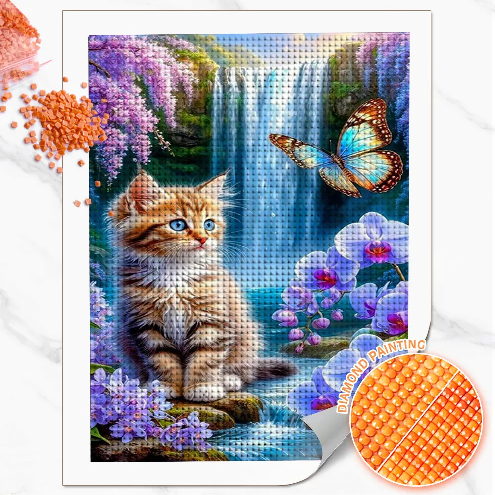 Huacan 5D DIY Diamond Painting Kitten Waterfall Orchid Diamond Mosaic Animal New Collection 2026 Decorative Paintings
