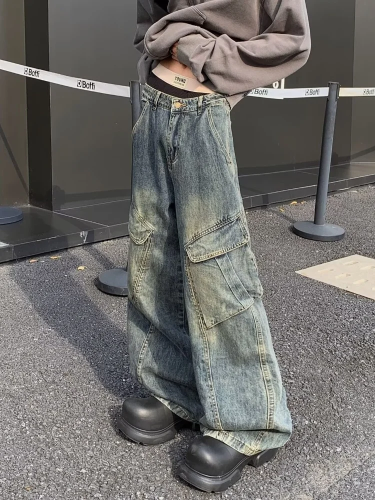 2025 Trashy Y2K Streetwear Vintage Blau Baggy Cargo Jeans Hosen Für Männer Kleidung Gerade Distressed Lose Casual Denim Hosen – Detail 9