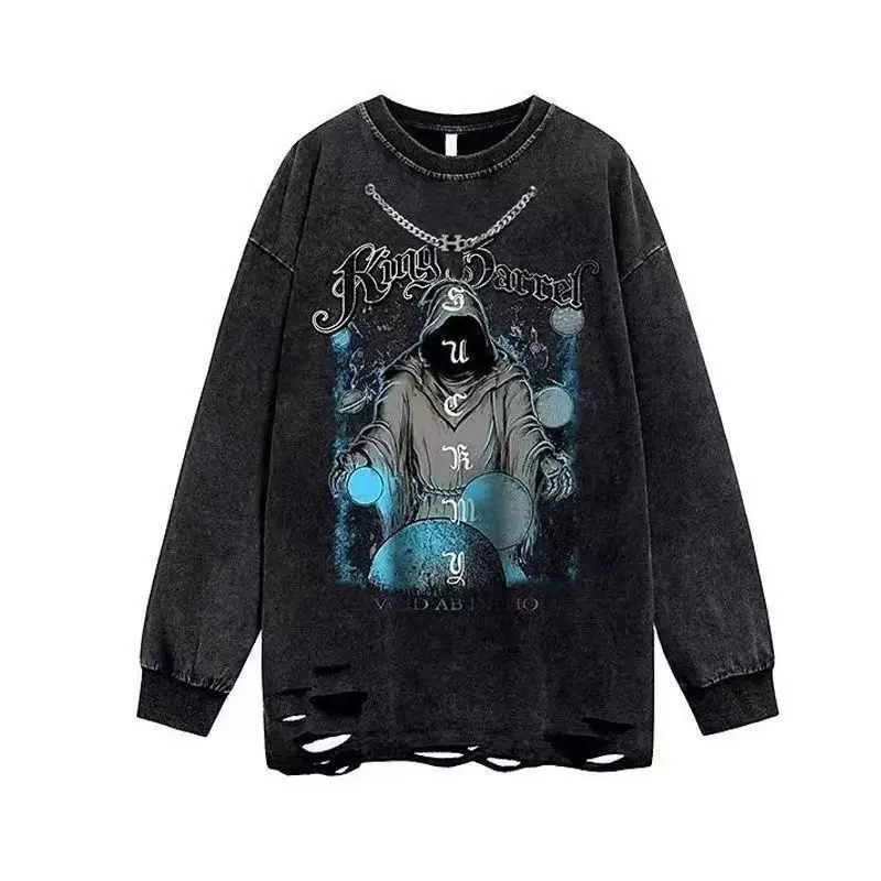 Y2K-ropa de algodón lavada para hombre, camiseta de manga larga con estampado divertido de calle, estilo americano, informal, con cuello redondo, color negro, ropa técnica