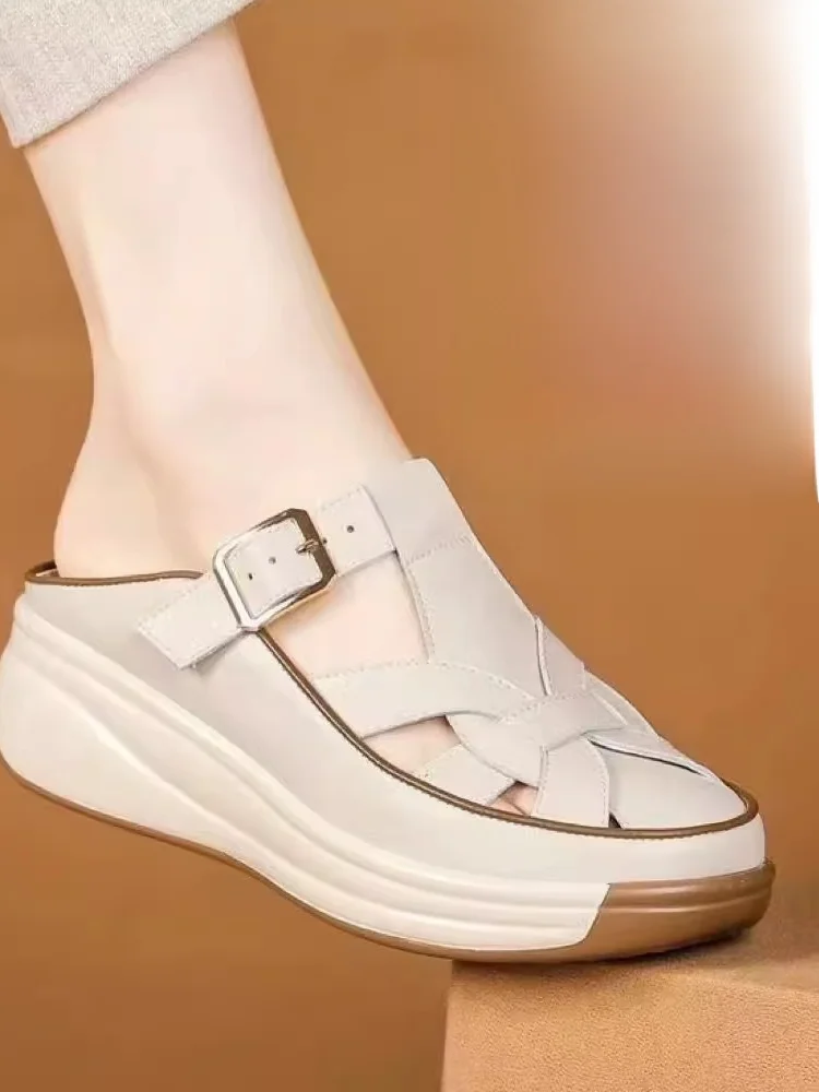 

Casual Sle Women's Leather Slip-On Sandals Open-Toe Hollow out Design Anti-Slip Thi Heel Roman Sle Casual oes