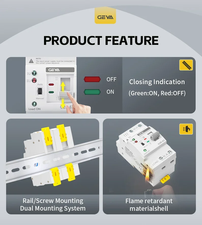 GEYA G2R ATS Automatischer Transferschalter 220V 230V DIN-Schienen-Doppelstrom-Umschalter Unterbrechungsfreie Stromversorgung 63A 110V – Detail 3
