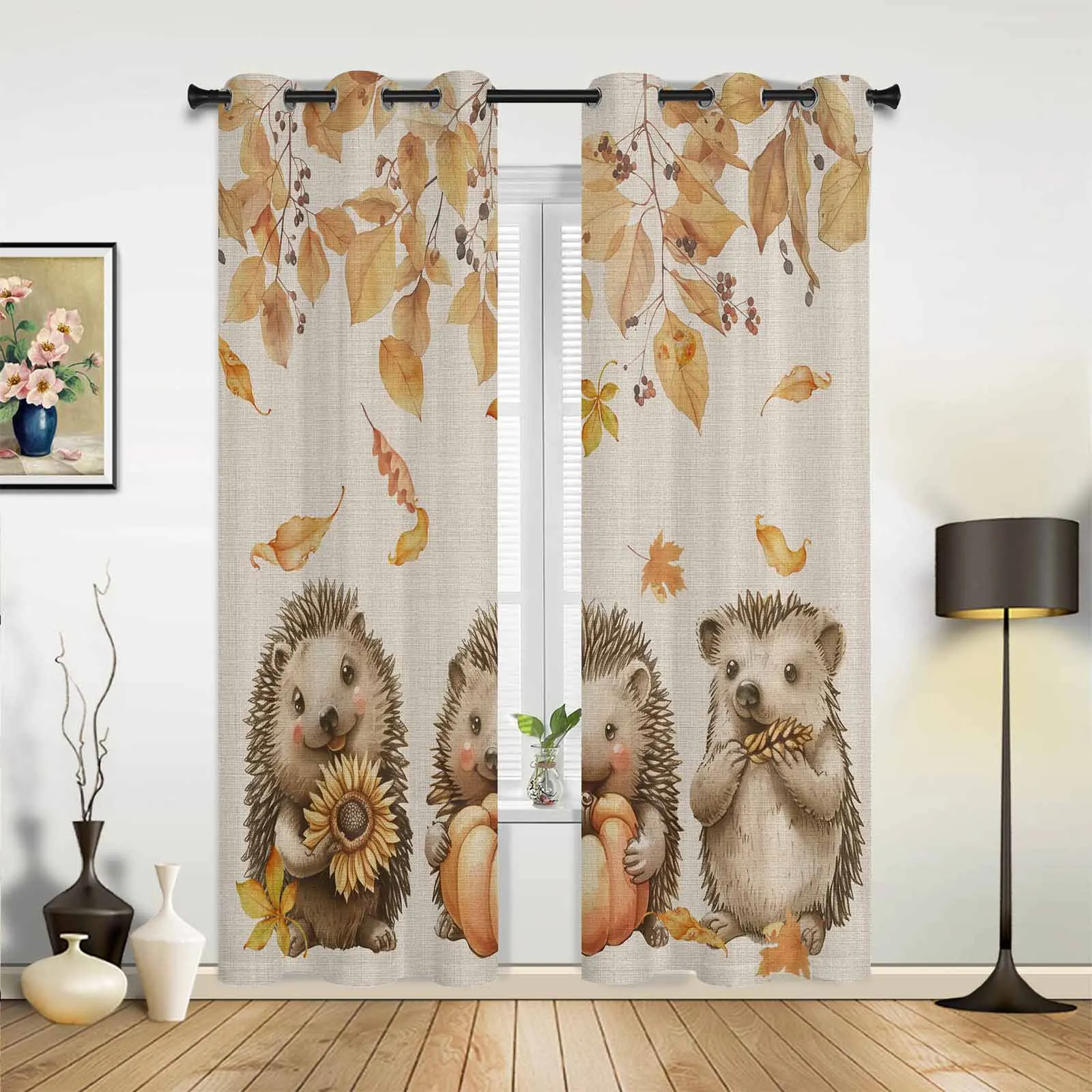 Fall Pumpkin Mushroom Hedgehog Curtains for Living Room Window Curtain for Bedroom Modern Indoor Home Decor Curtains