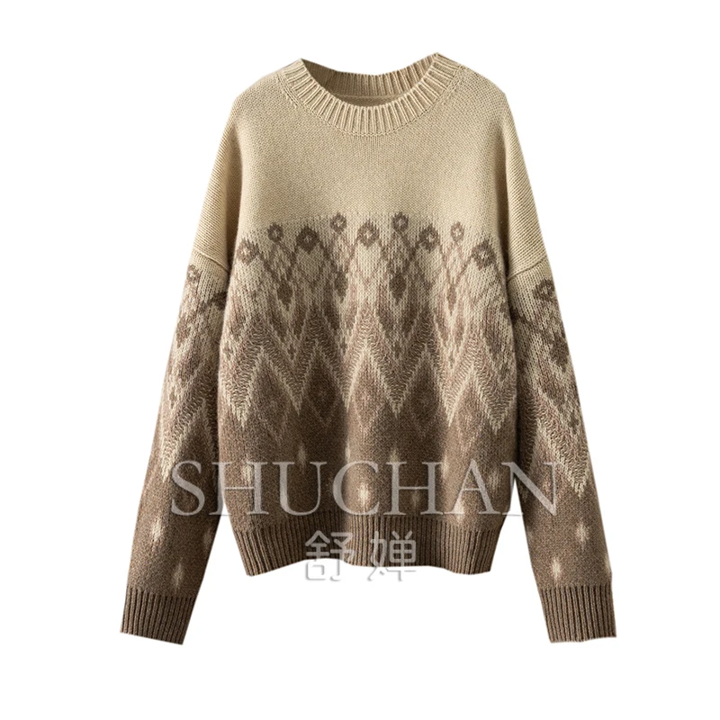 

Old Money Jacquard 100 Cashmere Crew Neck Long Sleeve Sweater Women Sueter Mujer Sweater Mujer Pull Femme