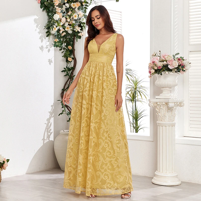 Women Summer 2025 Elegant Sleeveless V Neck Backless Yellow Lace High Waist Prom Cocktail Evening Party Long Maxi dresses
