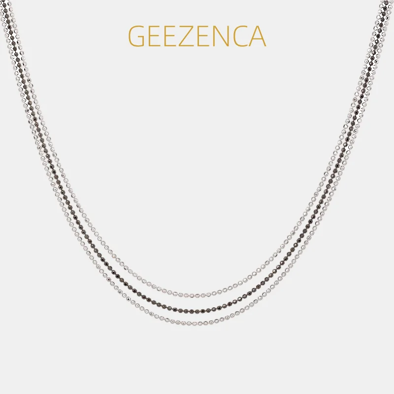 GEEZENCA Italian Jewelry 925 Silver Two Toned 3 Layered Beaded Chain 43CM Chokers Necklace For Women Black Unique Trendy Gift