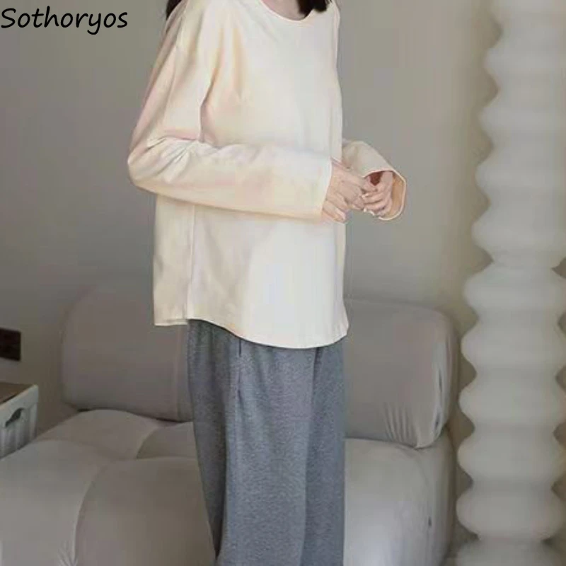 With Chest Pad Pajama Sets Women Solid Loose Simple Leisure O-neck Sleepwear Full Length Autumn Bedroom Girls Soft Comfortable