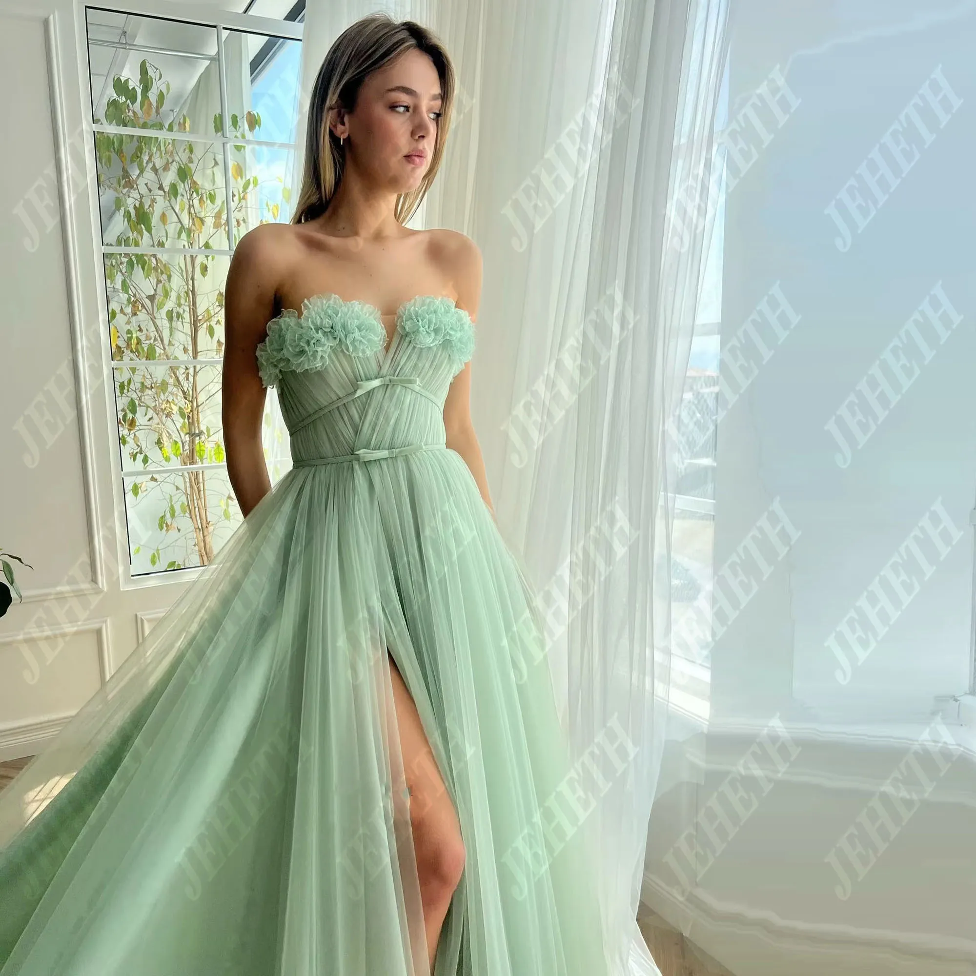 JEHETH Light Green A-Line Prom Dresses Elegant Tulle Tiered Evening Dress Special Occasion Gowns Vestidos De Novia Customized
