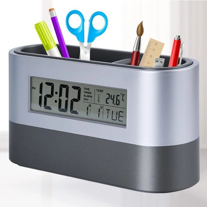 Silent Alarm Clock,Table Clock,Electronic Digital Pen Holder,Tools Name Card Holder,Calendar Temperature Display Timer