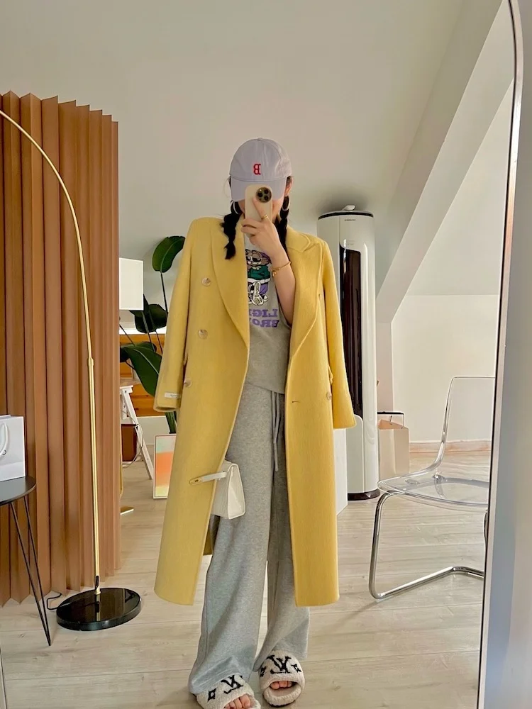 

Winter Double-Faced Woolen Coat Women's Medium-Length Hand-Stitched Angora Rabbit Fur Zheng ChunHua Battle Robe Sle