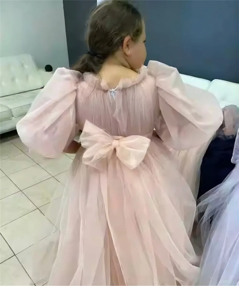 Vestido de novia de niña de flores de malla de manga corta con lazo hinchado princesa fiesta de cumpleaños vestido de celebración vestido de primera comunión personalizado