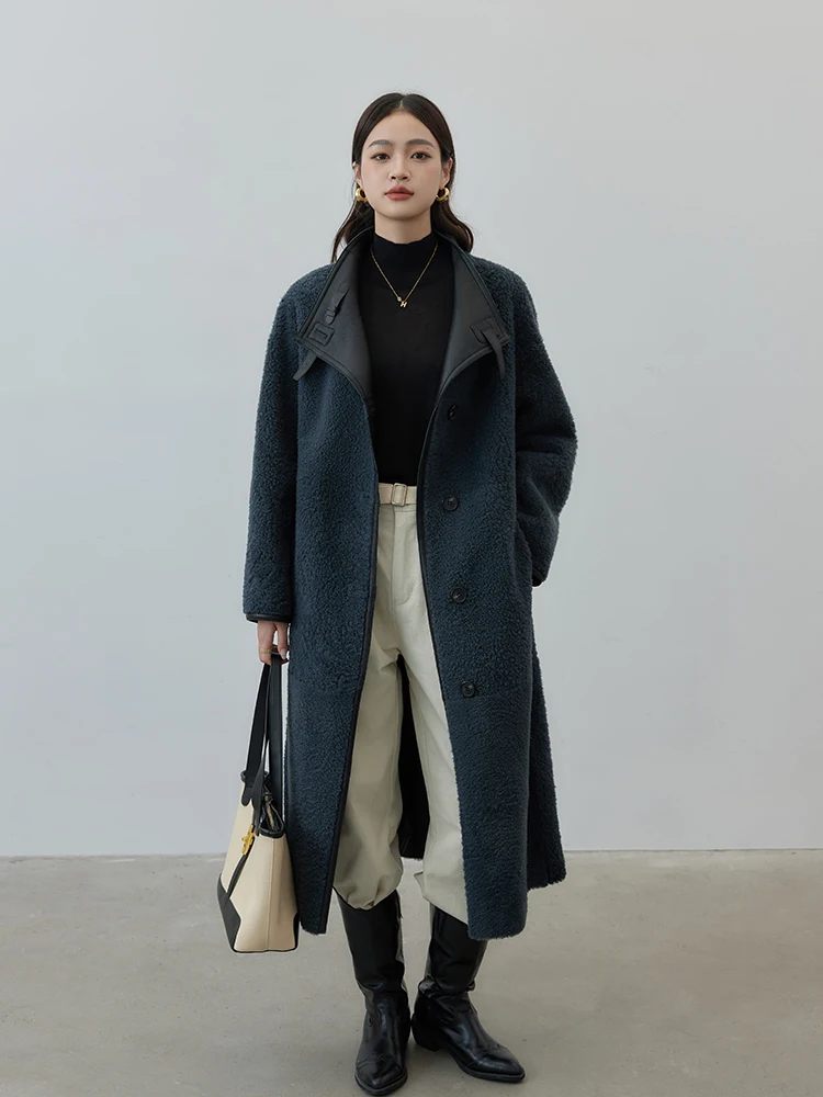 الراقية الفاخرة ميرينو الأغنام الفراء جواكت شتوية النساء بسيطة على الوجهين ارتداء تصميم الدانتيل متابعة طويلة جلد طبيعي معطف الفرو الحقيقي