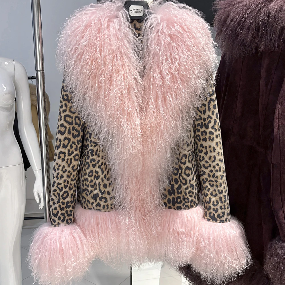 YOLOAgain Real Mongolia Sheep Fur Collar Real Leather Jacket Coat Women