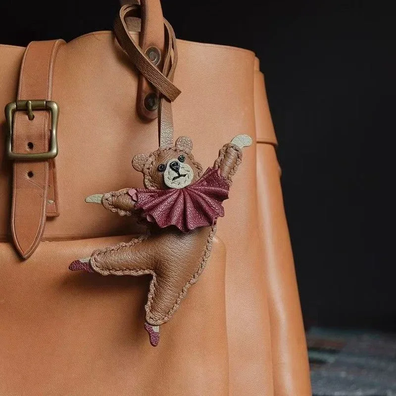 Teddy Dog Genuine Leather Handmade Bag Charm Pendant,Keychain Hanging Ornament,Handbag Purse Exquisite Decor,Keyring Accessories