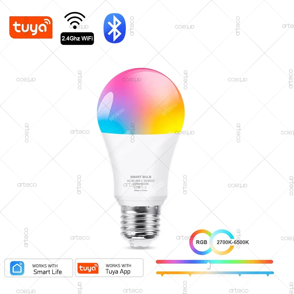 

Tuya WiFi Bluetooth Smart Led Light Bulbs E27 15W Alexa Led Lamp RGB CCT AC 85-265V Smart Life App Control Voice Google Assisant