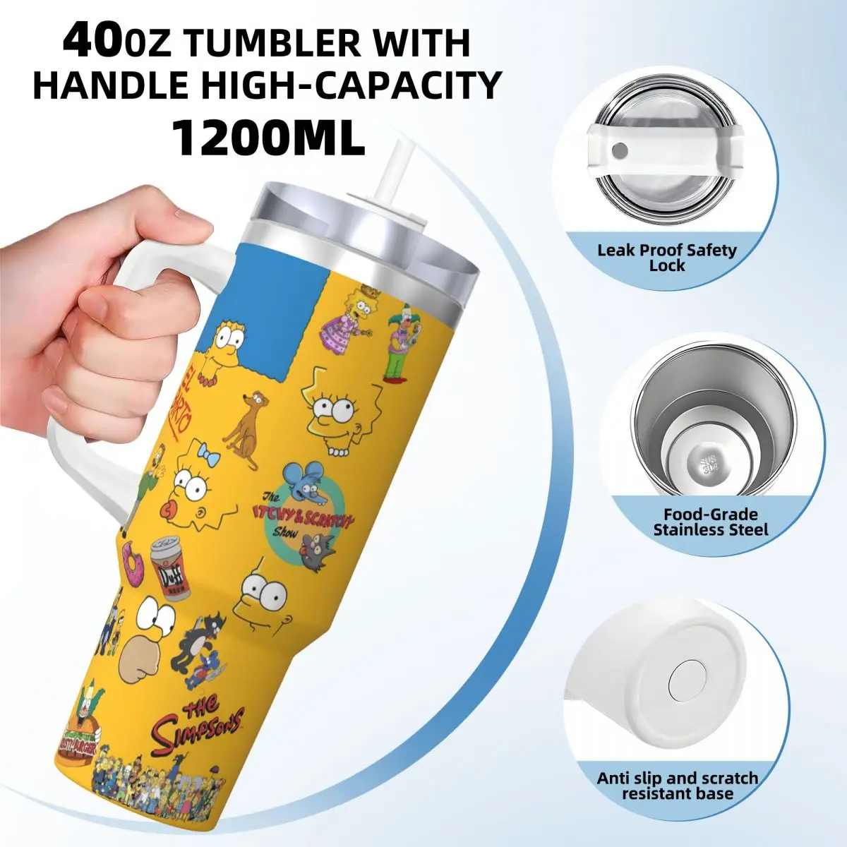 The Simpsons Characters Stainless Steel Tumbler Beach Thermal Mug With Straws and Lid Large Mugs Cup Cold Drink Water Bottle