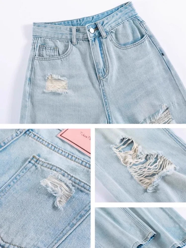 Hoch taillierte, zerrissene, gerade Jeans für Damen, Sommer 2022, neue, lockere, dünne Hose mit weitem Bein