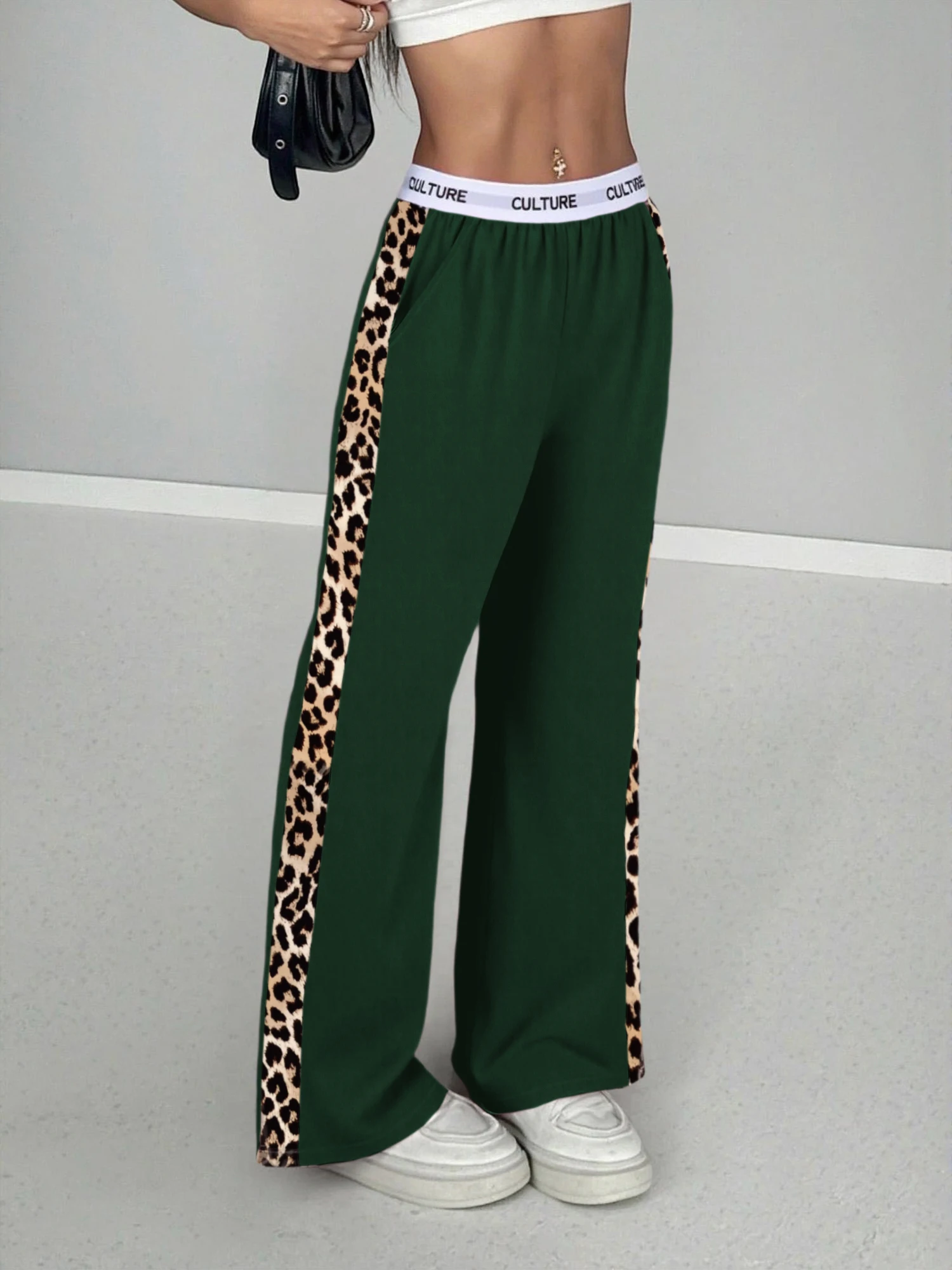 2026 Neu Heißer Verkauf Damen Leopardenmuster Seitenstreifen Weite Hose Lässige High-Waist Hose mit Schriftzug-Bund Lockerer Streetwear-Stil – Detail 5